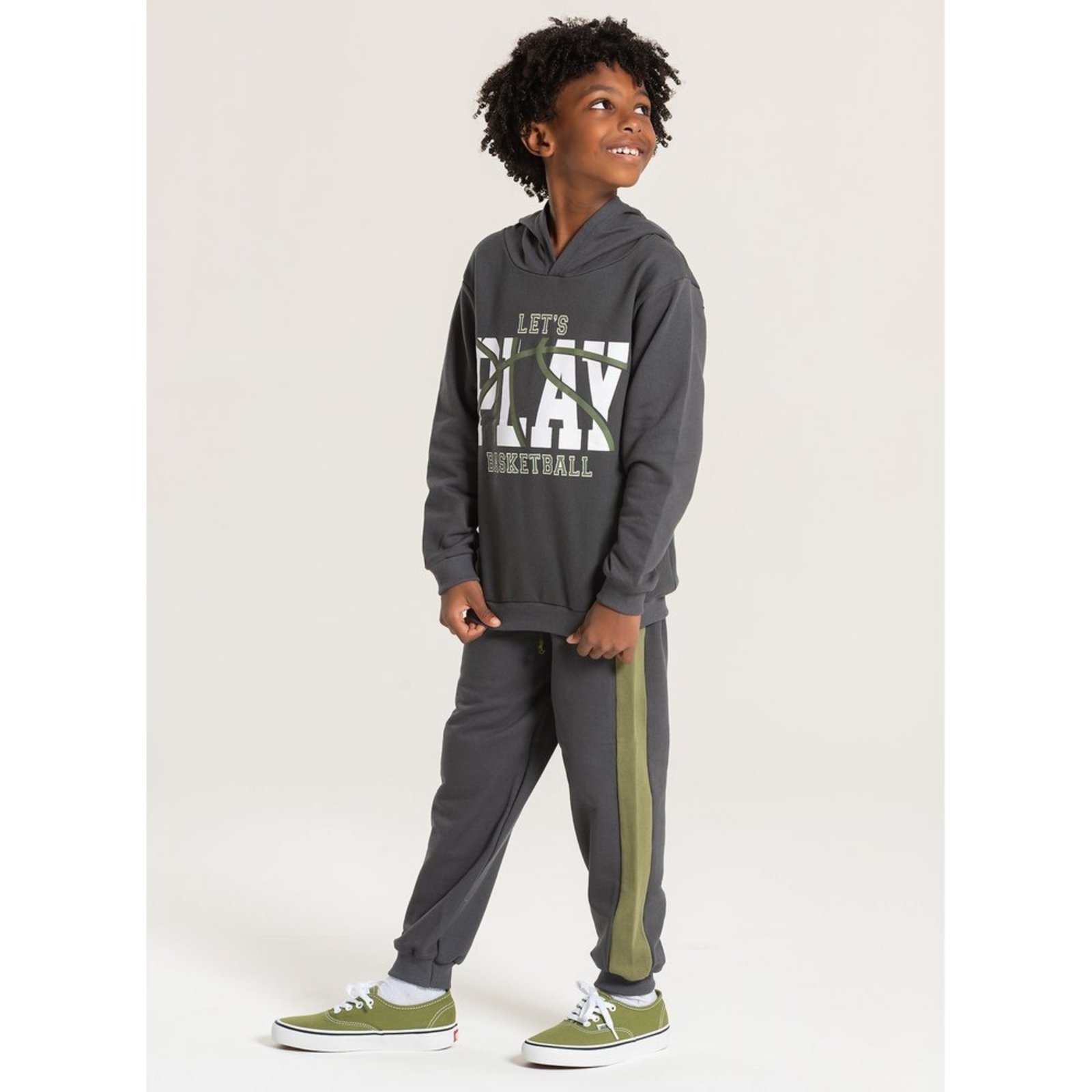 Infantil – Conjunto Inverno Menino Cinza Blusão com Capuz e Calça em Moletom Play Basketball