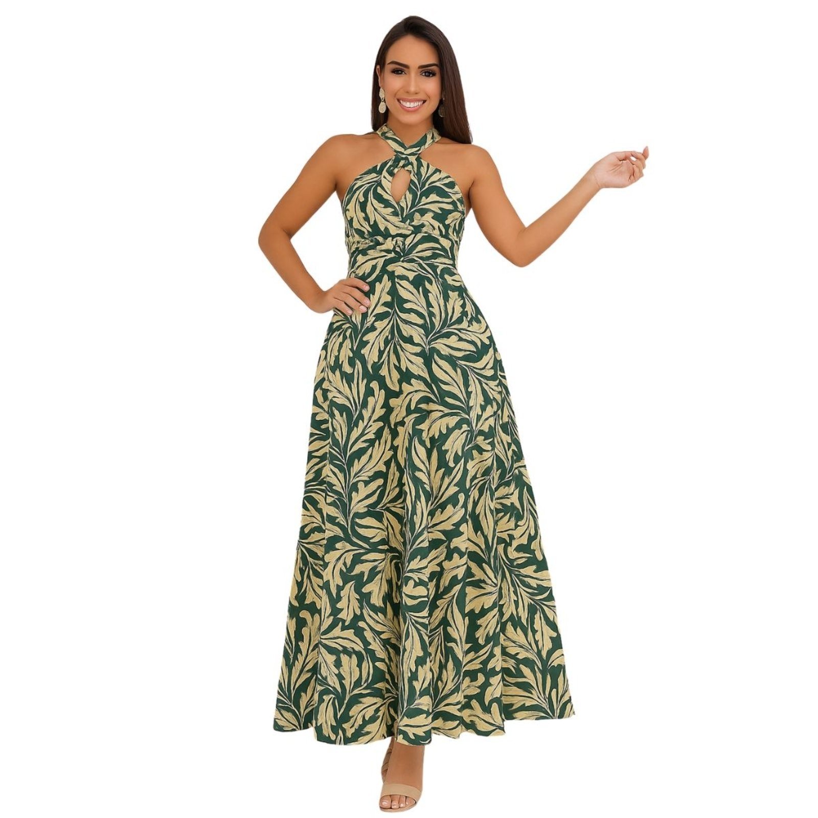 Vestido Longo Indiano FMF Verde Estampado Premium