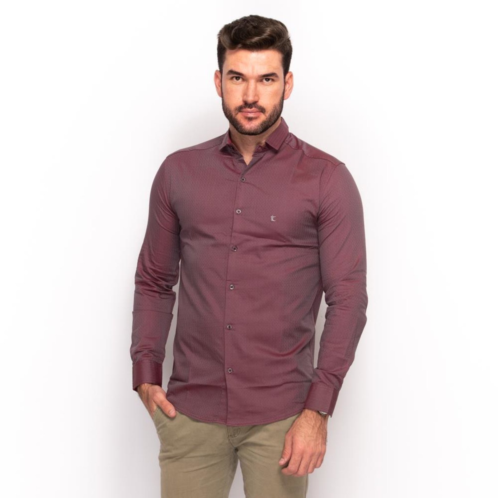 Camisa Social Teodoro Masculina Festa Lisa Slim Conforto Bordô G Bordô