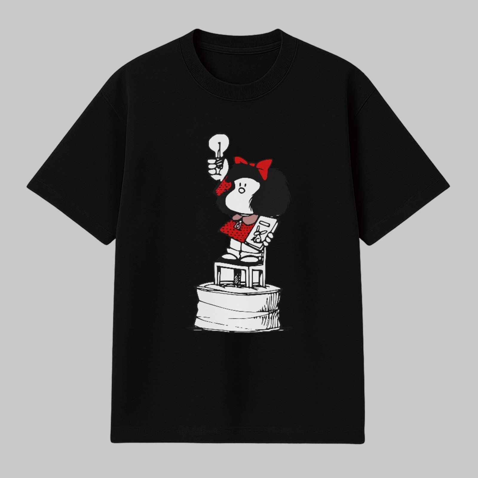 Camiseta Básica Reflexão Inteligente Cultural Mafalda HQ Clássica Unissex Preto