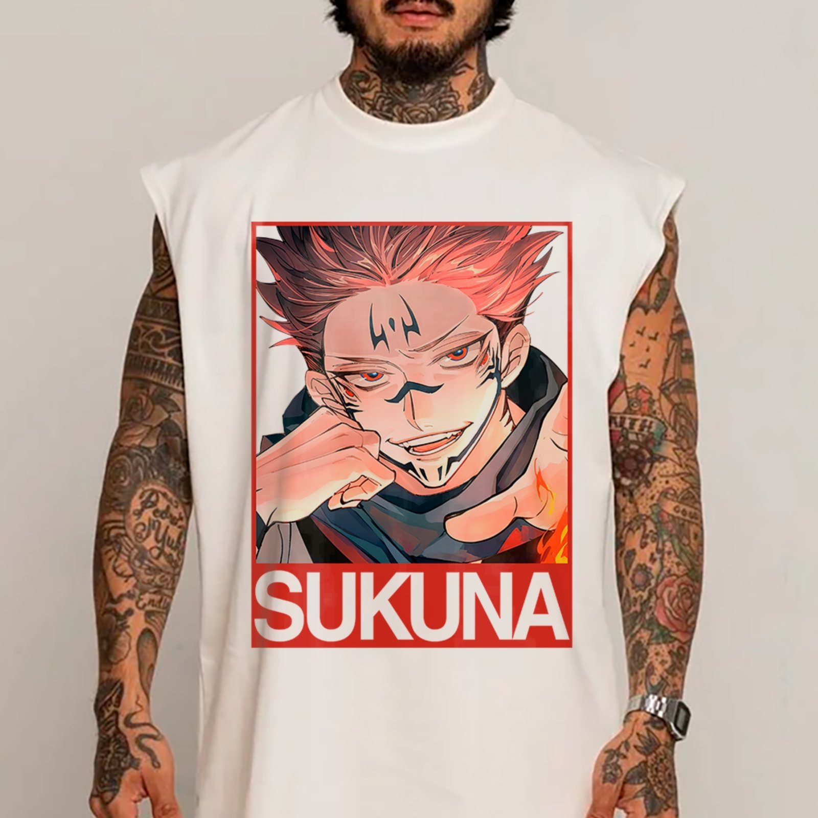 Camiseta Regata Machão Sukuna Poder Absoluto Jujutsu Kaisen Masculina Branco