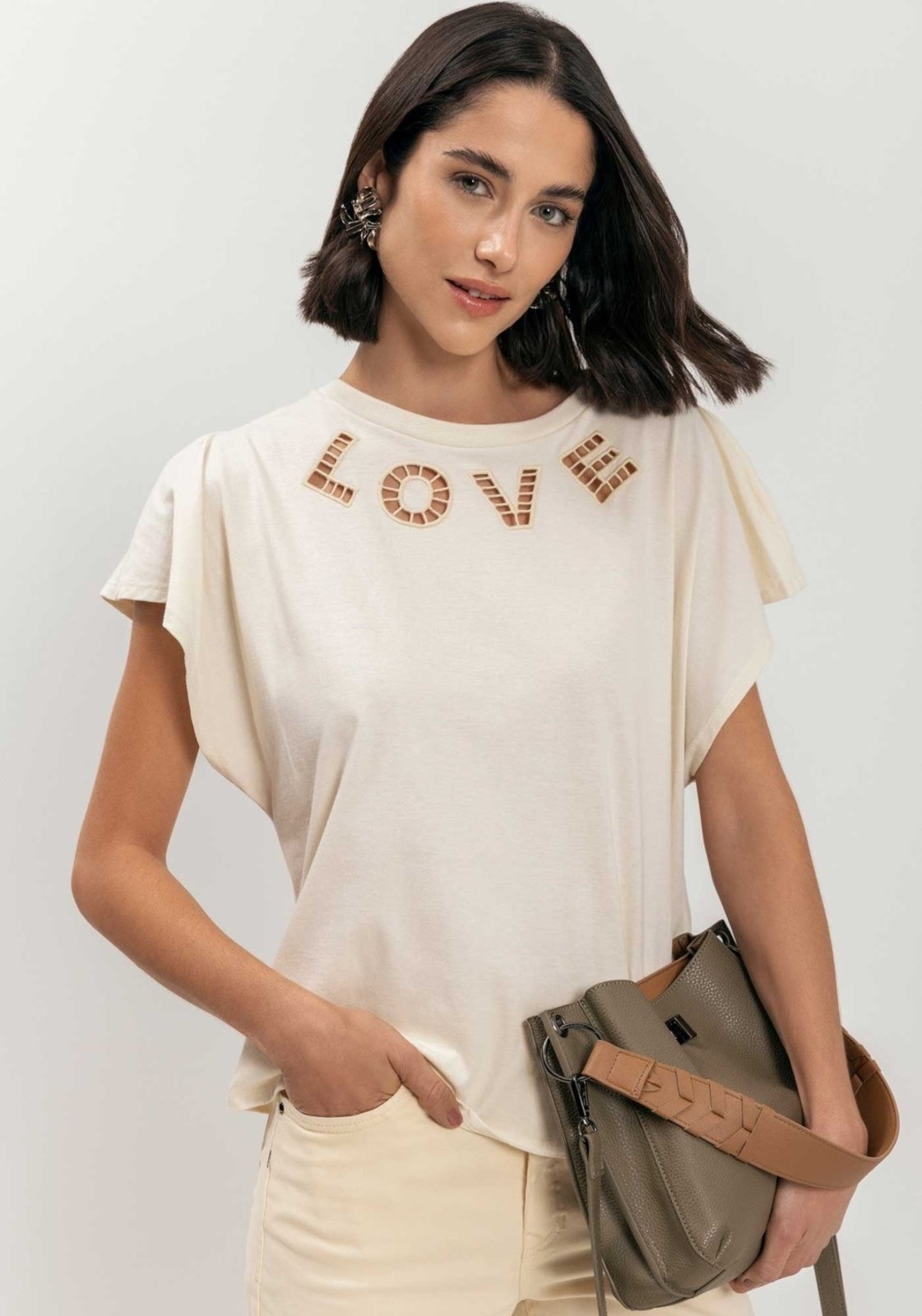 Blusa De Mangas Curtas Com Bordado Vazado Malha De Algodão