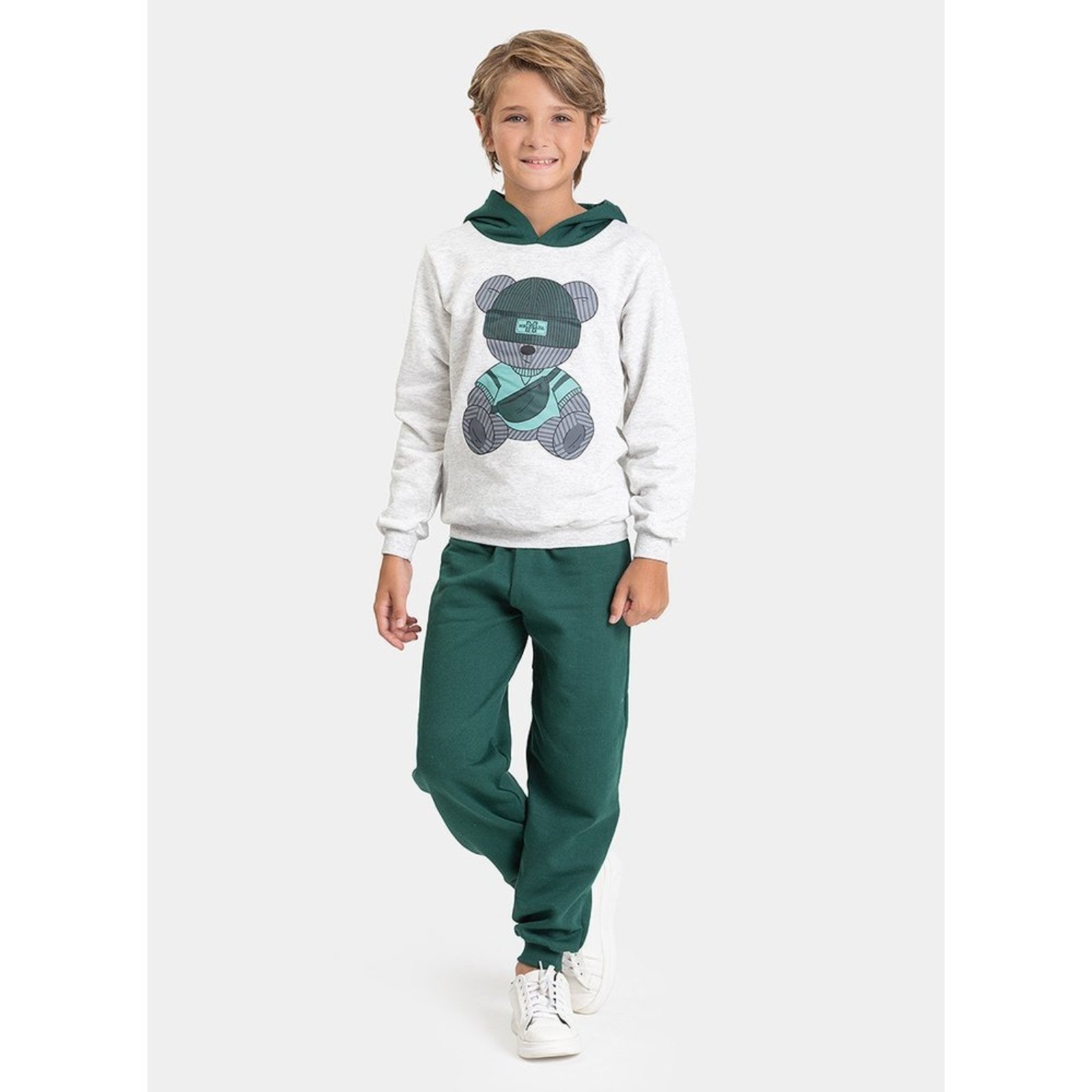 Infantil - Conjunto Inverno Menino Mescla Blusão com Capuz e Calça em Moletom Urso Street