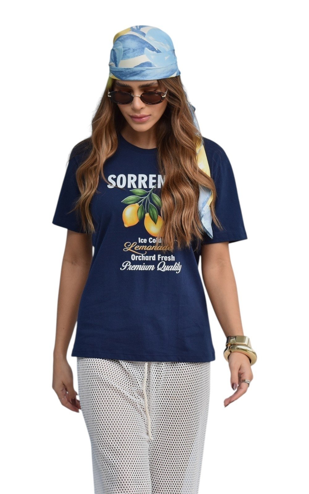 Camiseta Feminina Cianitas Azul Marinho Estampa Sorrento Lemonade