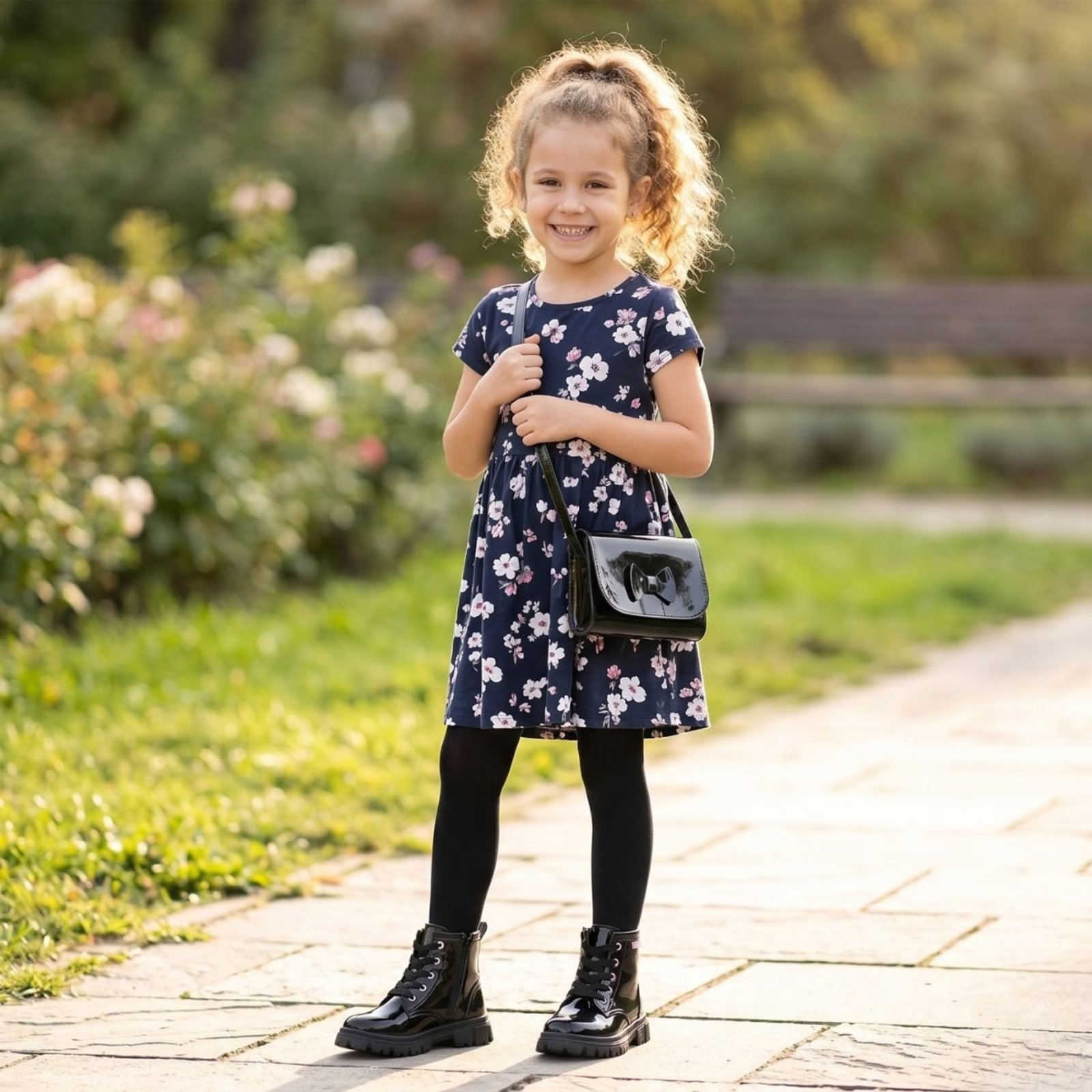 Infantil - Kit Bota Coturno Menina Cano Médio Tratorada e Bolsinha de Ombro Delicada Moda Blogueira Verniz Preto
