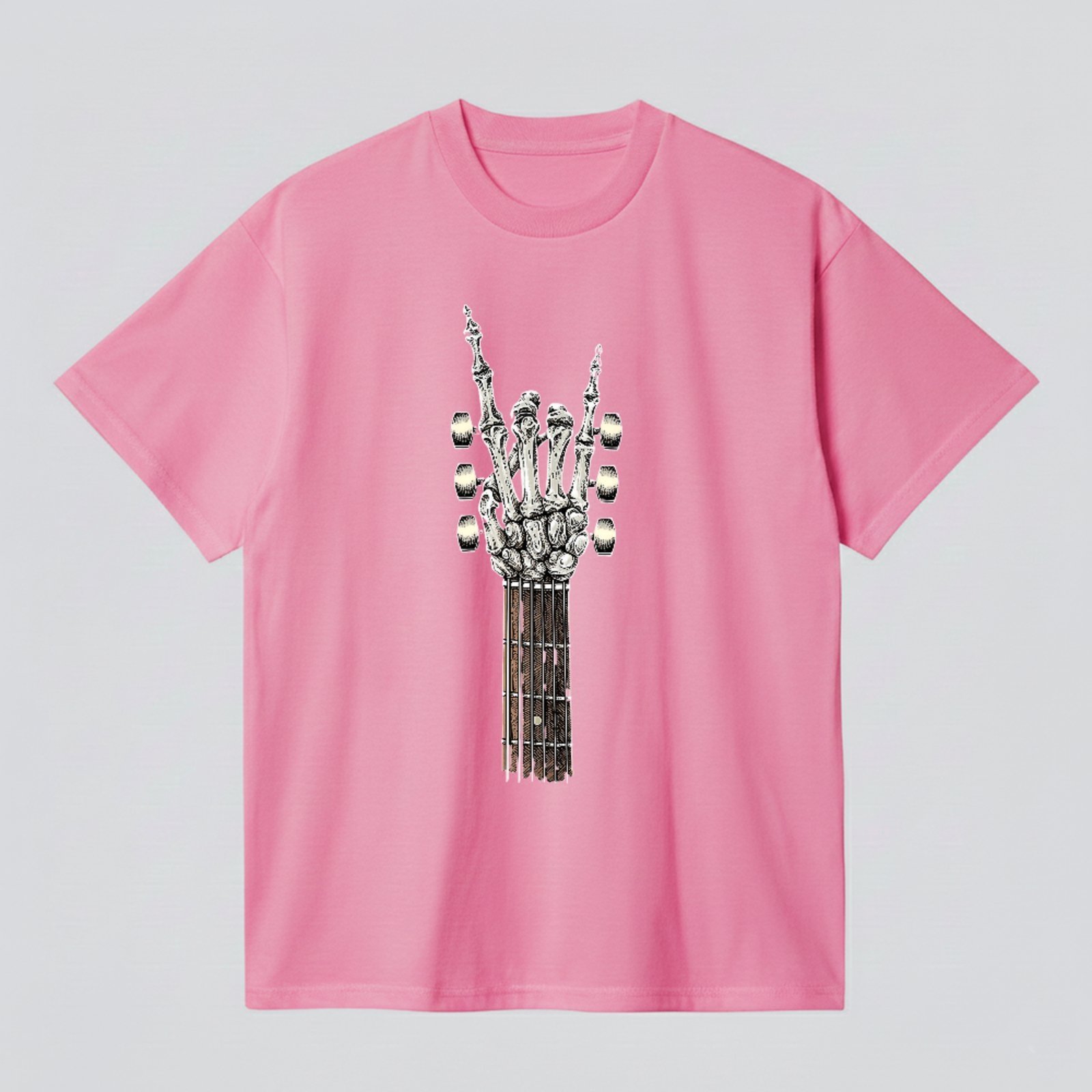 Camiseta Básica Guitarra Caveira Rock and Roll Style Unissex Rosa