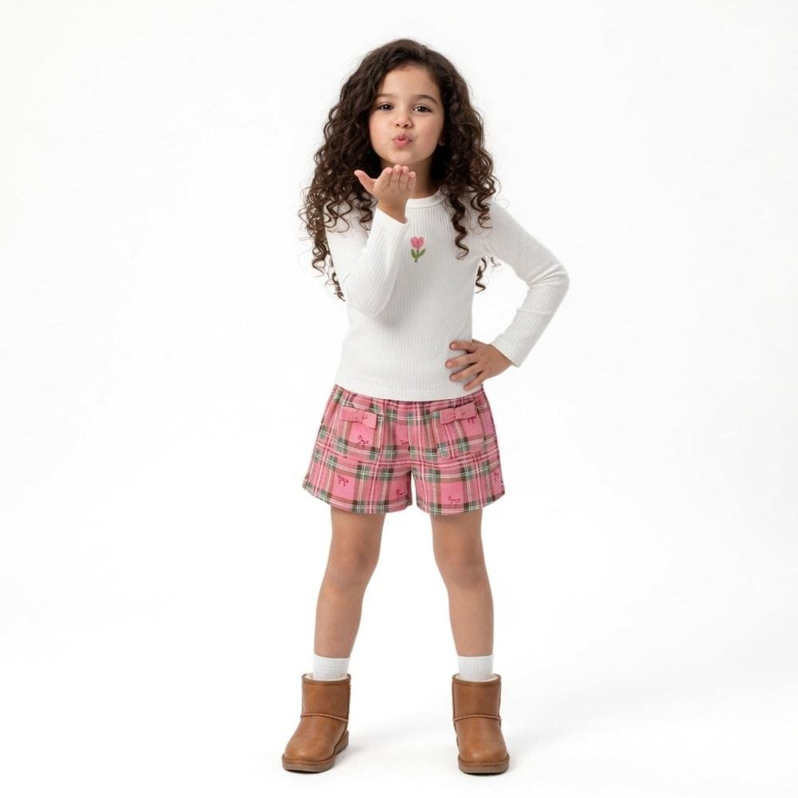 Infantil - Conjunto Menina Xadrez Collors Alphabeto Off e Rosa Off-white