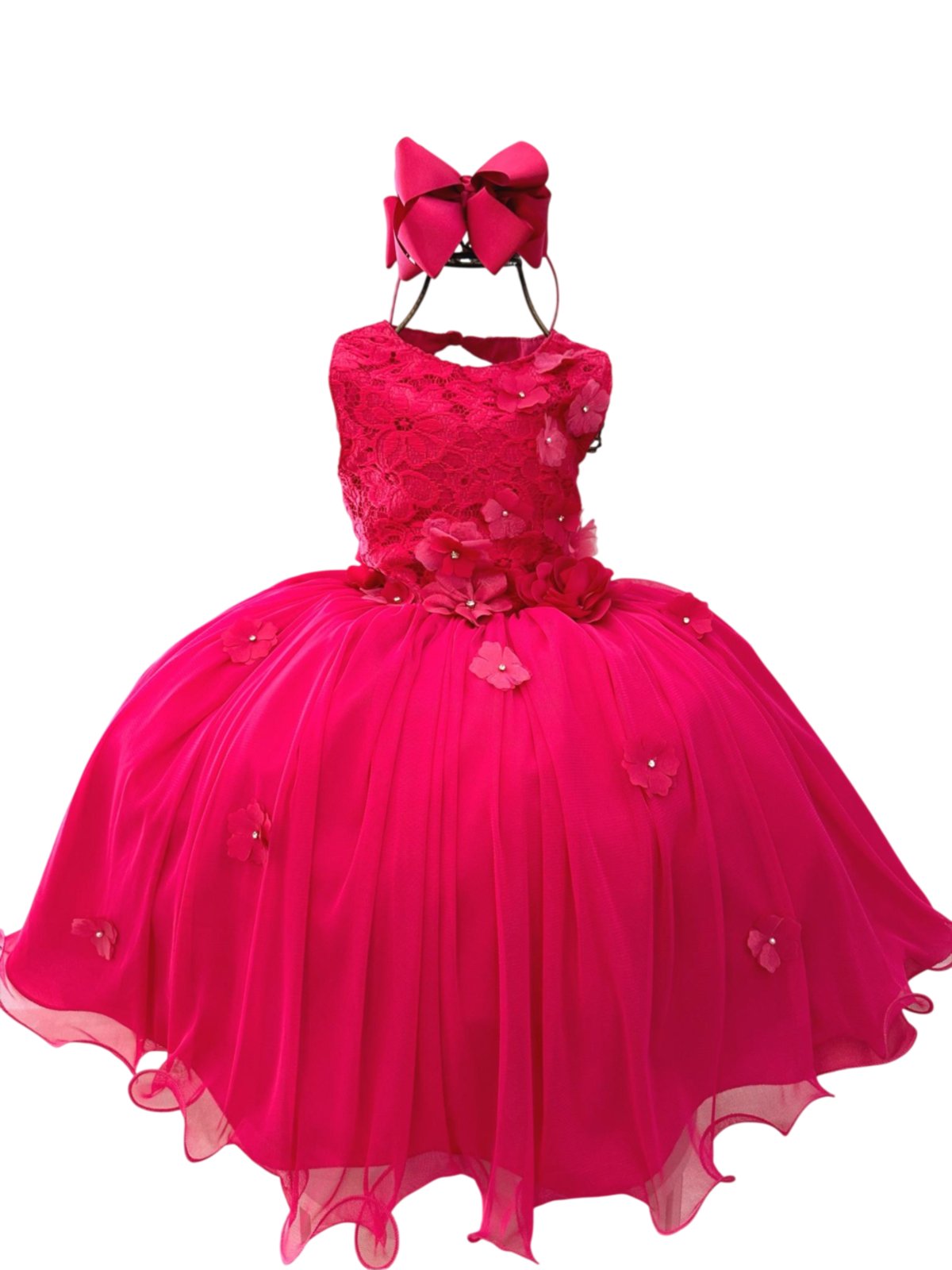Infantil - Vestido Menina Juvenil Festa Rosa Pink Fúcsia Formatura Casamento Florista Dama Daminha Aniversário Luxo Flores Renda Rodado Social Juvenil