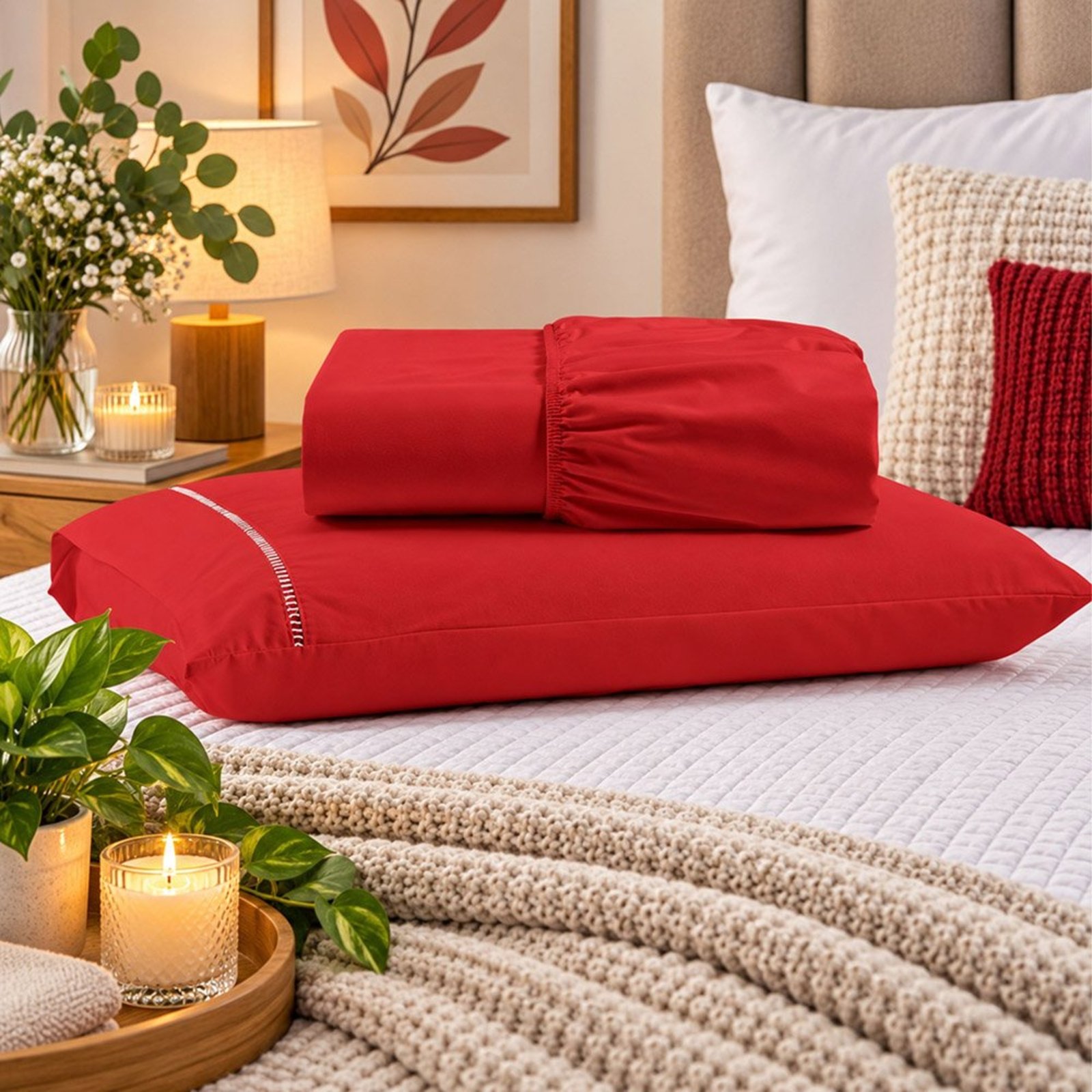 Jogo de Cama Lençol Solteiro Pluma Percal 180 Fios 2 Peças 100% Algodão - Vermelho