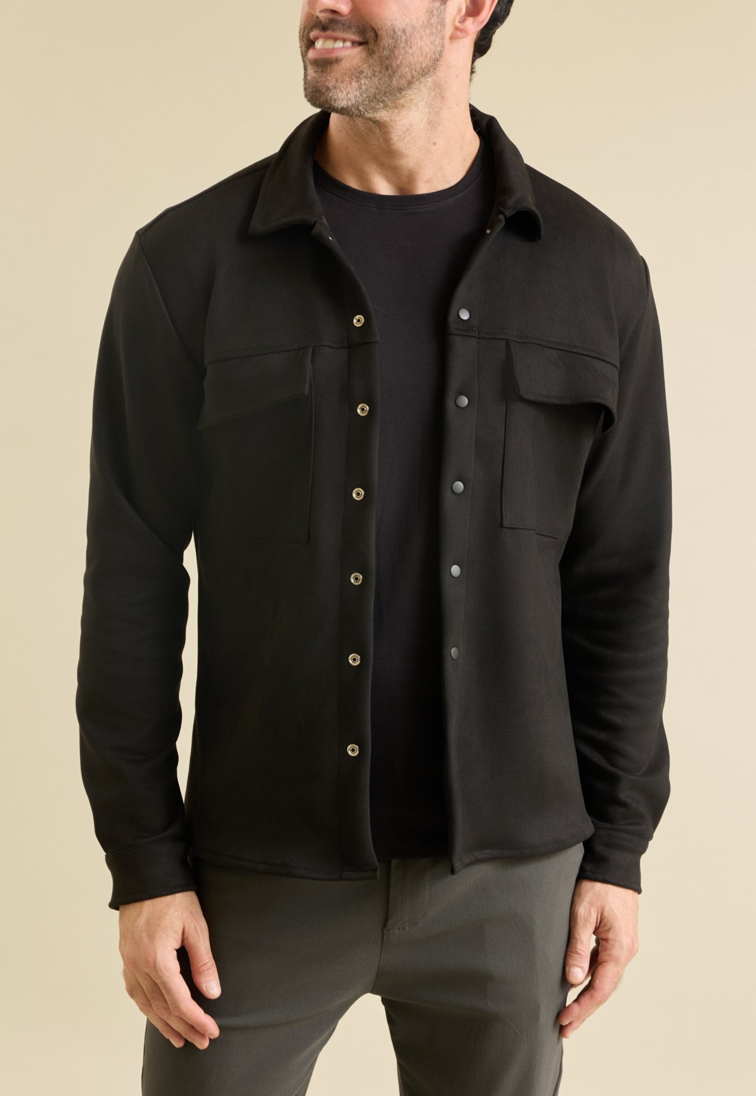 Camisa Suede Casual Masculina Manga Longa em Poliéster Dialogo Preto