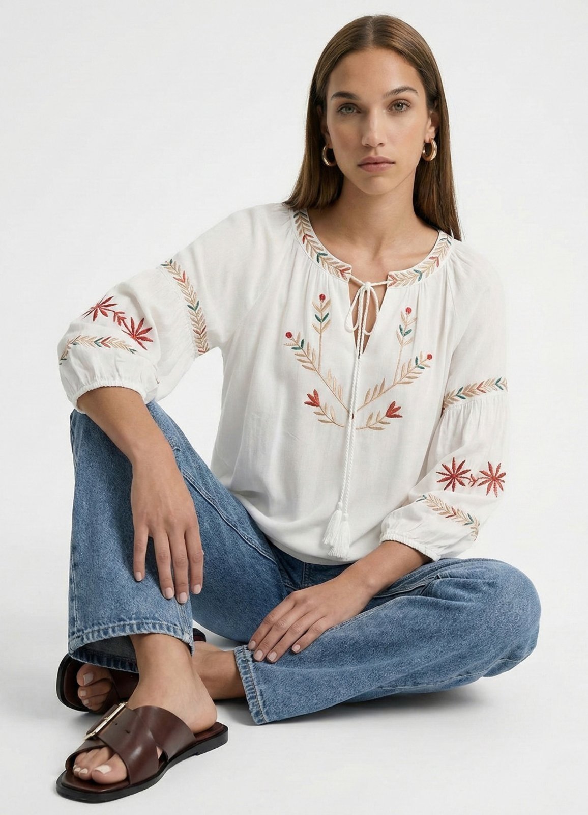 Blusa Branca Bordada Boho Sob em Viscose Manga 3/4 Branco