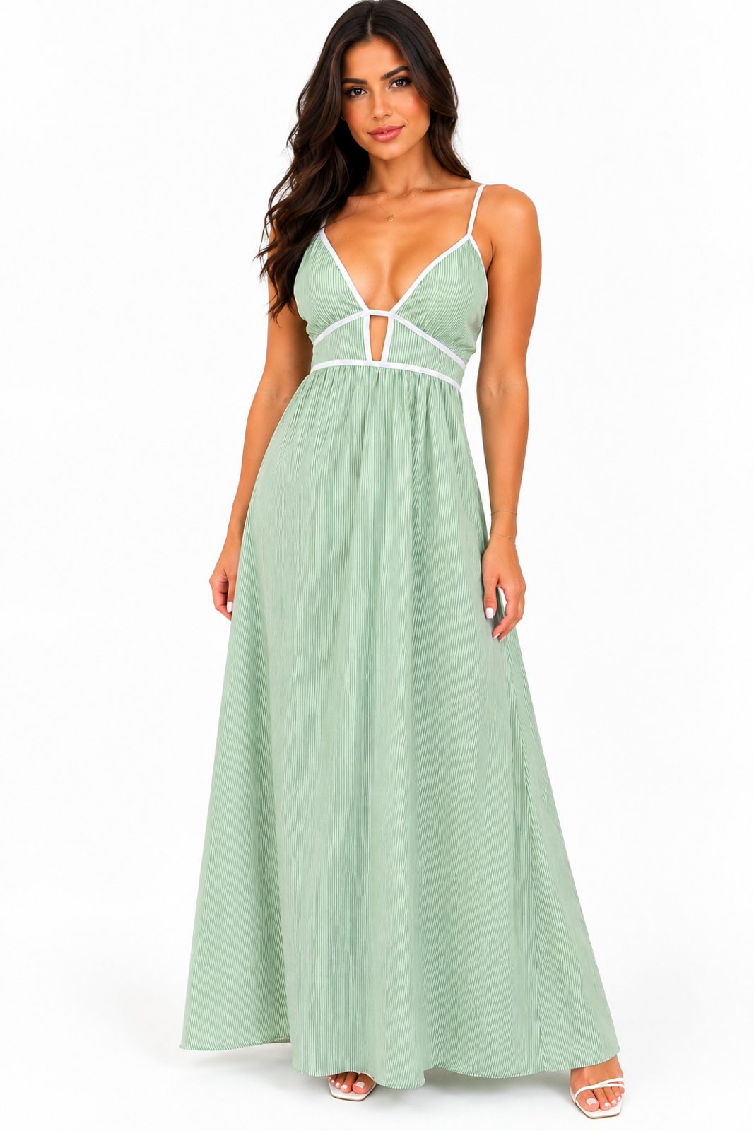 Vestido Longo D Bell Outlet Fashion Viscolinho com Decote em V Listrado Verde Claro