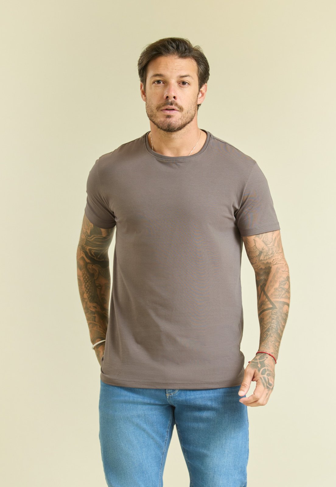 Camiseta Masculina Slim em Algodão Pima Manga Curta Dialogo Chumbo