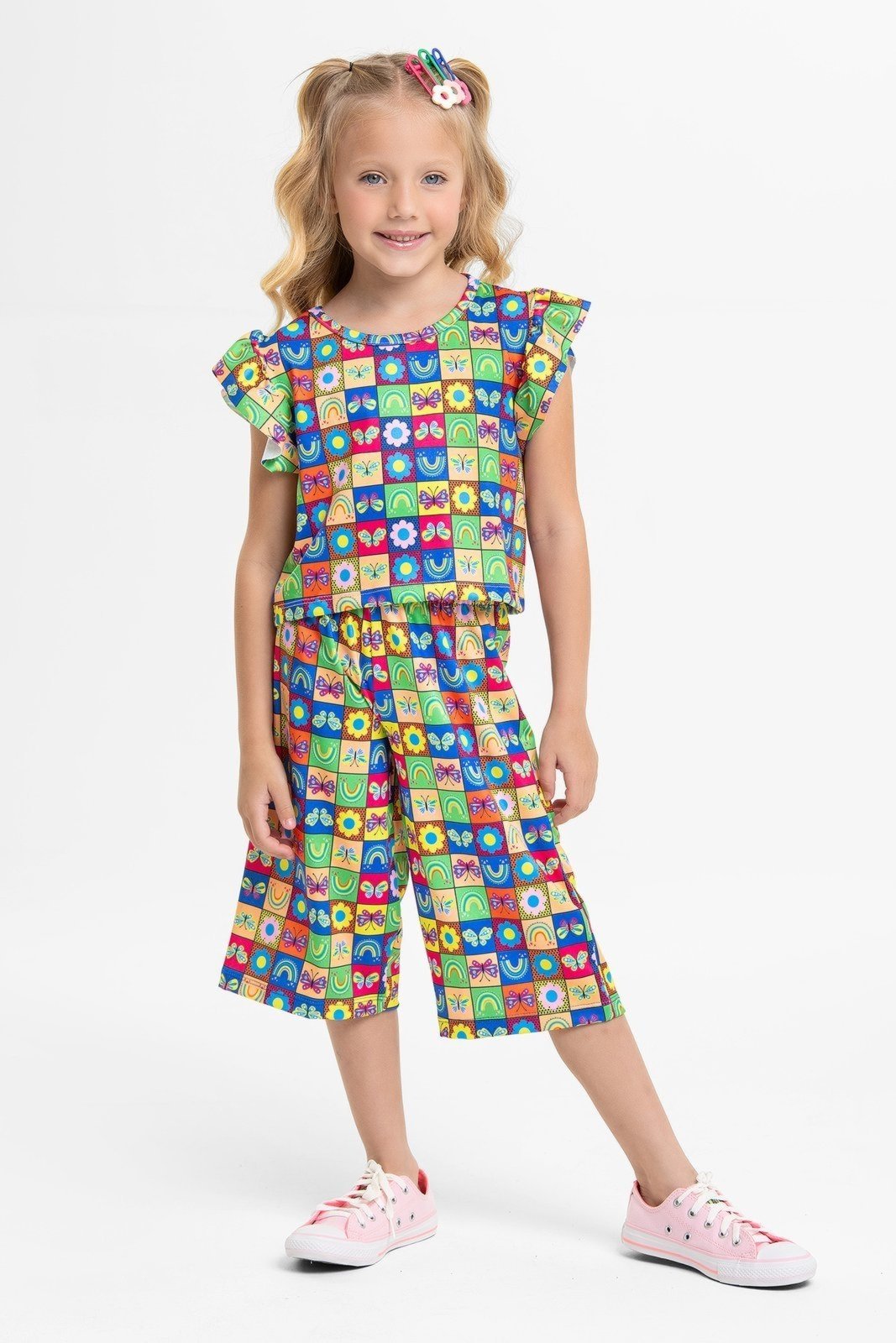 Vista 2 Infantil - Conjunto Verão Feminino Pantalona Faella Colorido - Bordo Mega Kids unico Mega Kids unico