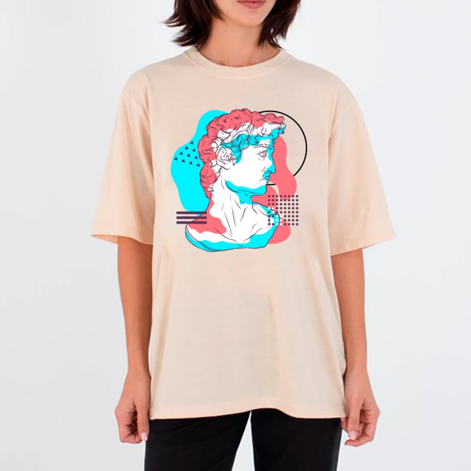 Vista 2 Camiseta Ousy Unissex Estátua Clássica Pop-Art Visual Impactante Streetwear Streetwear Oversized Off White off-white white ousy off-white white