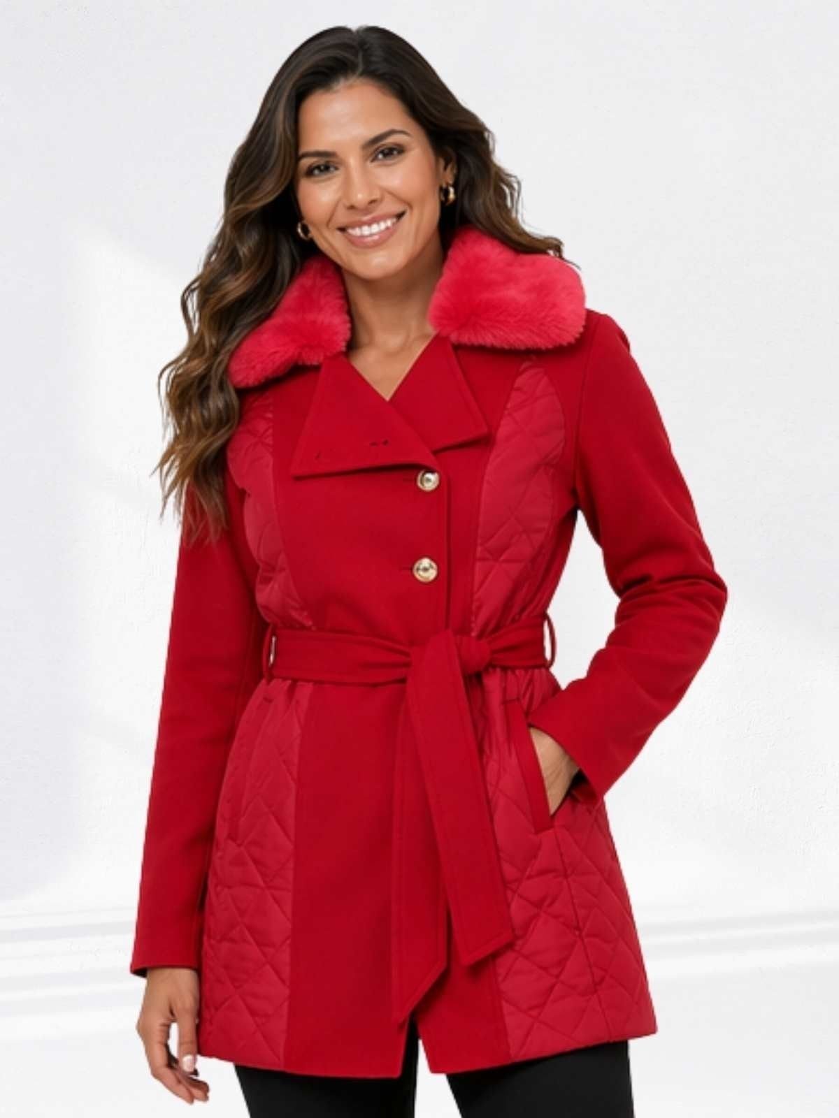 Casaco Feminino Sobretudo Vermelho com Cinto Gola Peluciada Elegante Inverno