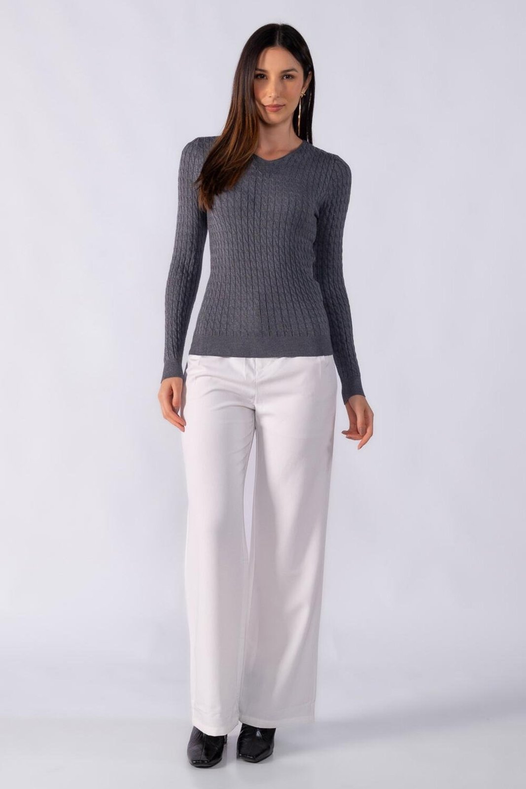 Blusa manga longa decote em v Cinza