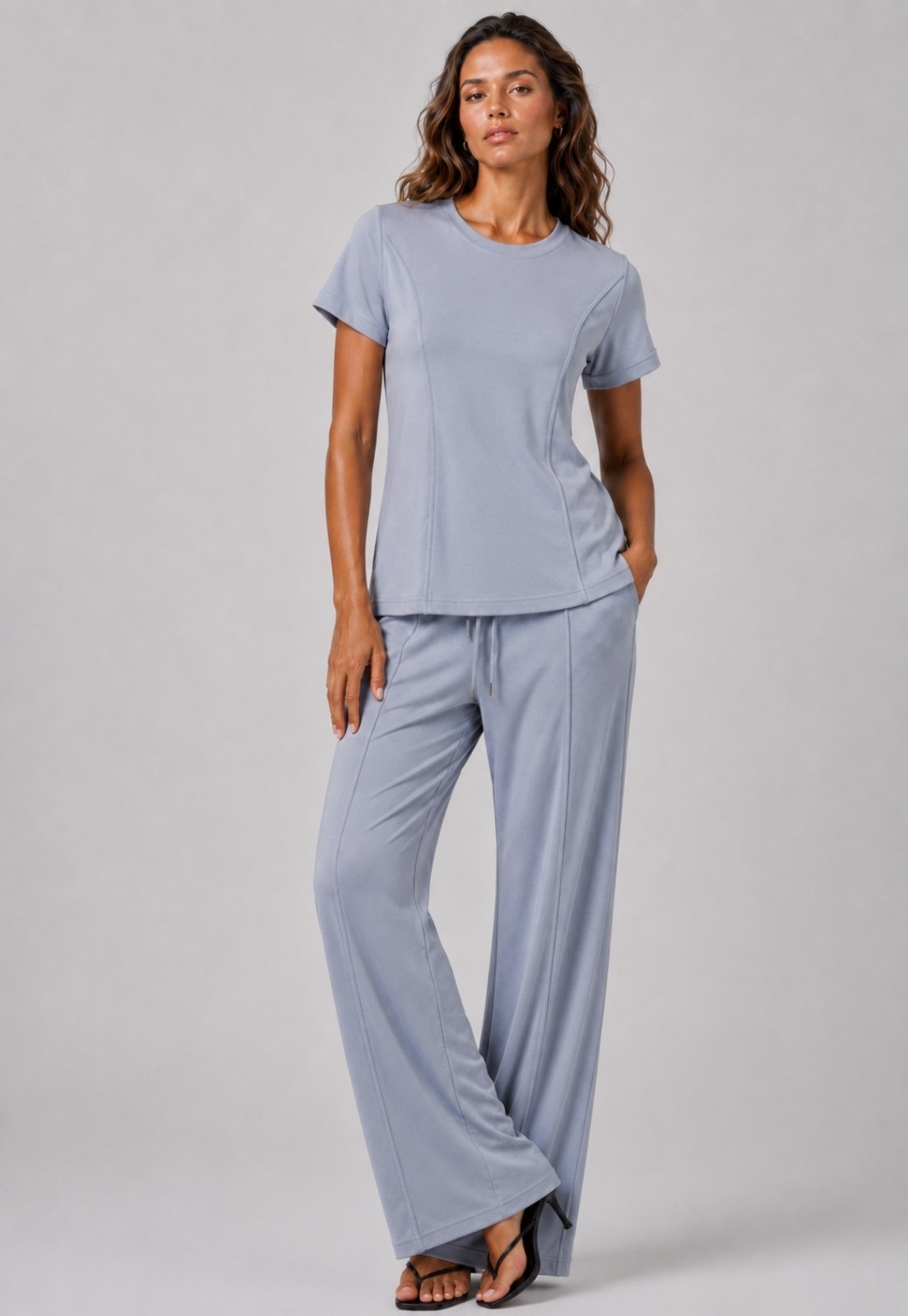Conjunto Calça Pantalona e Blusa Com Recorte Moletinho Light Salvatore Azul