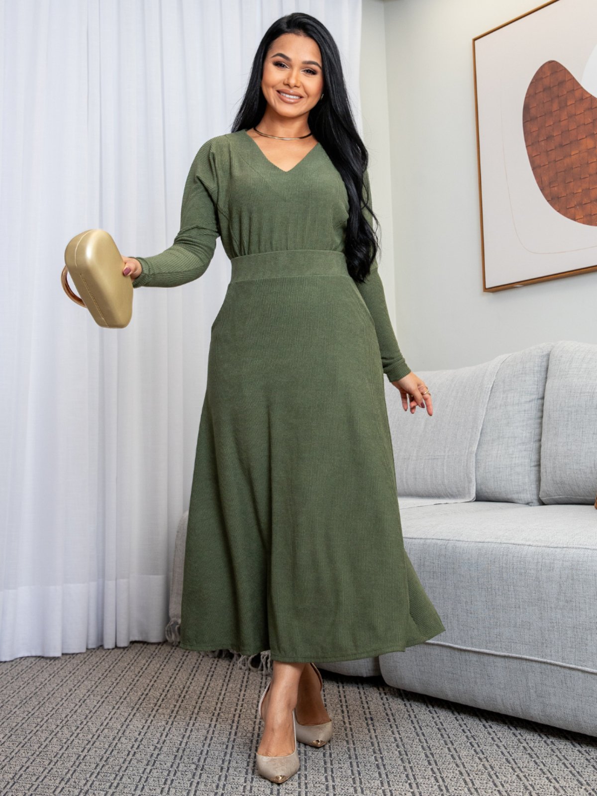 Conjunto Feminino Casual Elegante Saia Midi e Blusa Manga Longa Gola V Inverno Verde Militar