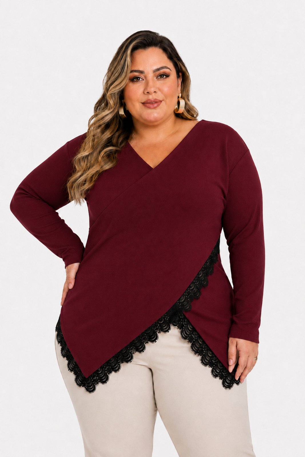 Blusa Plus Size D Bell Outlet Fashion Decote V Vinho