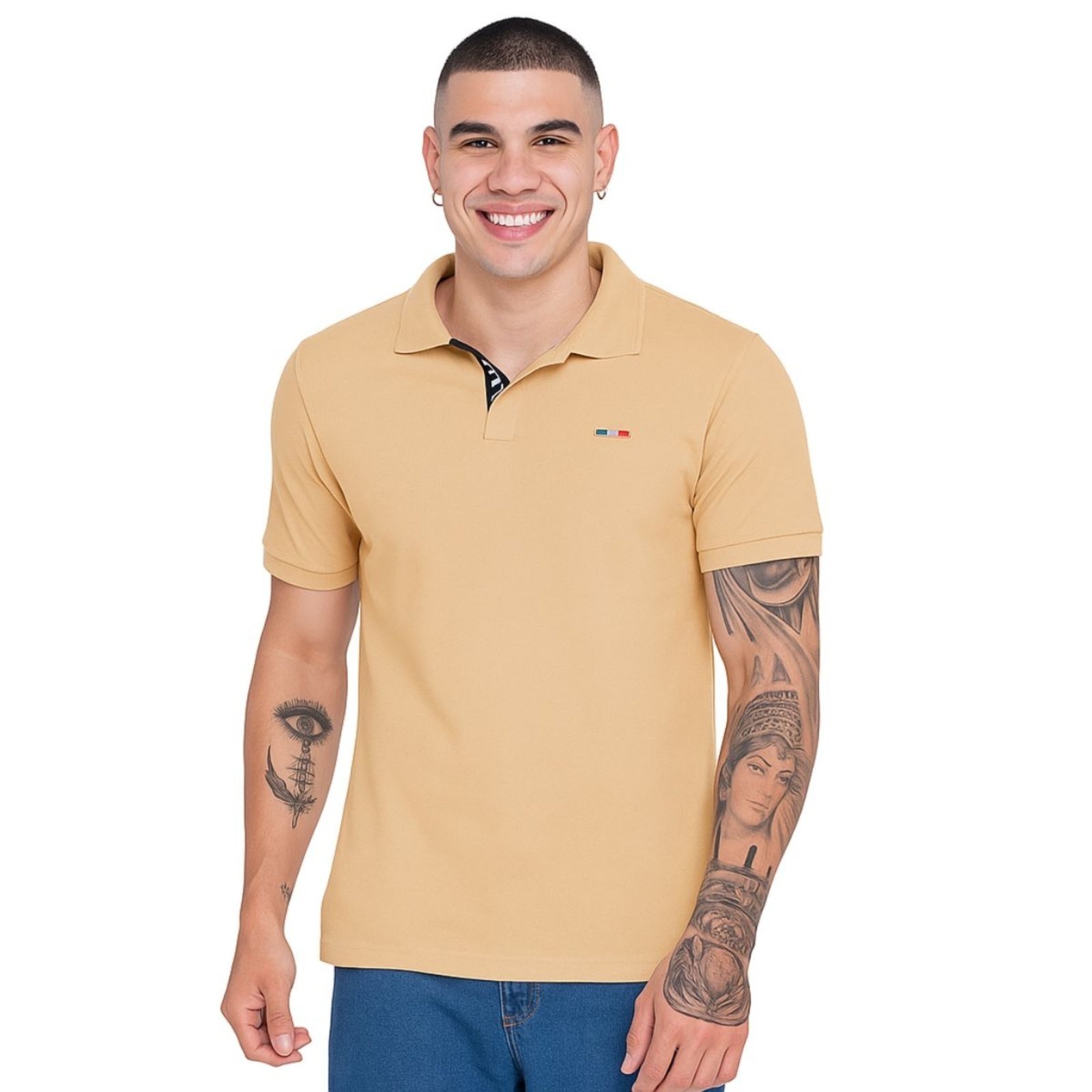 Camisa Polo Masculina Básica Industrie Piquet no Estilo Tommy Bordado França Bege Claro