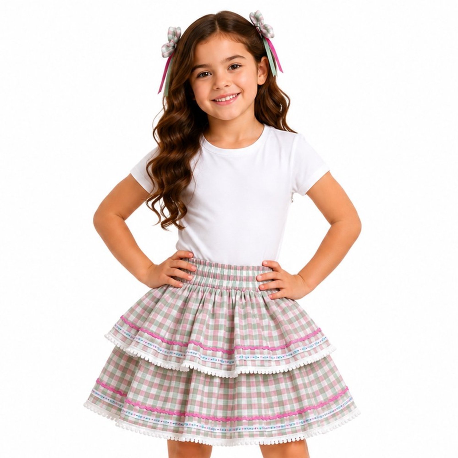 Infantil - Saia Junina Juvenil Look Jeans Babado Xadrez Rosê