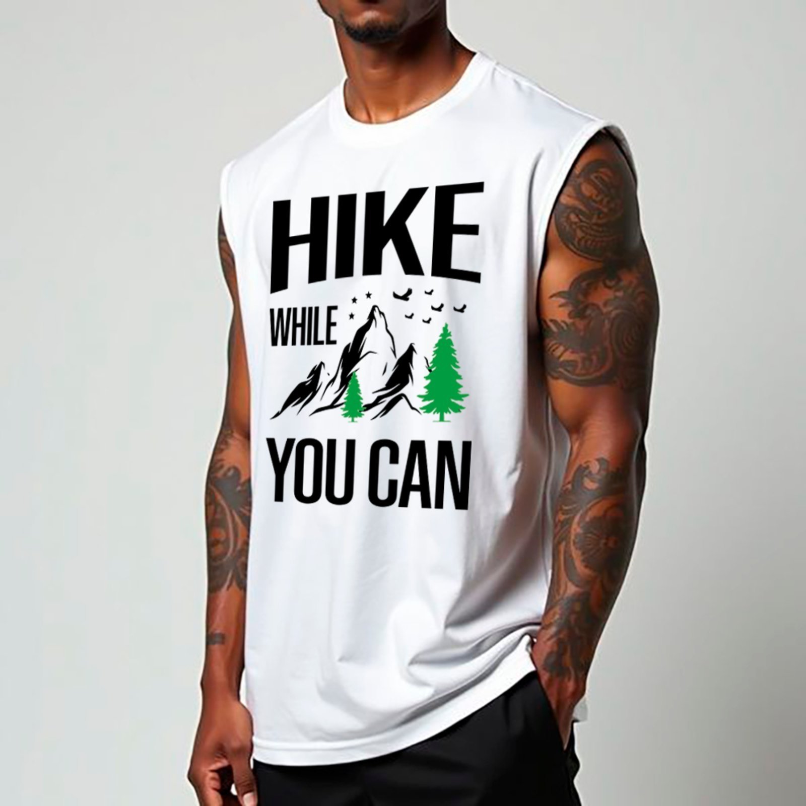 Camiseta Regata Machão Ousy Hike While You Can Oversized Masculina Branco