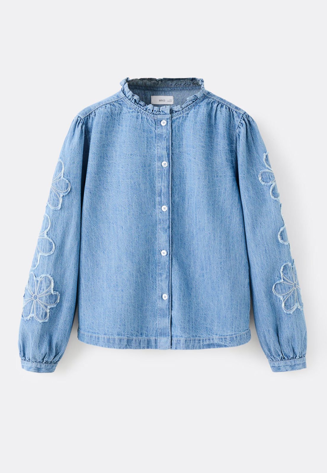 Infantil - Camisa Jeans MANGO Bordado Floral Azul Claro