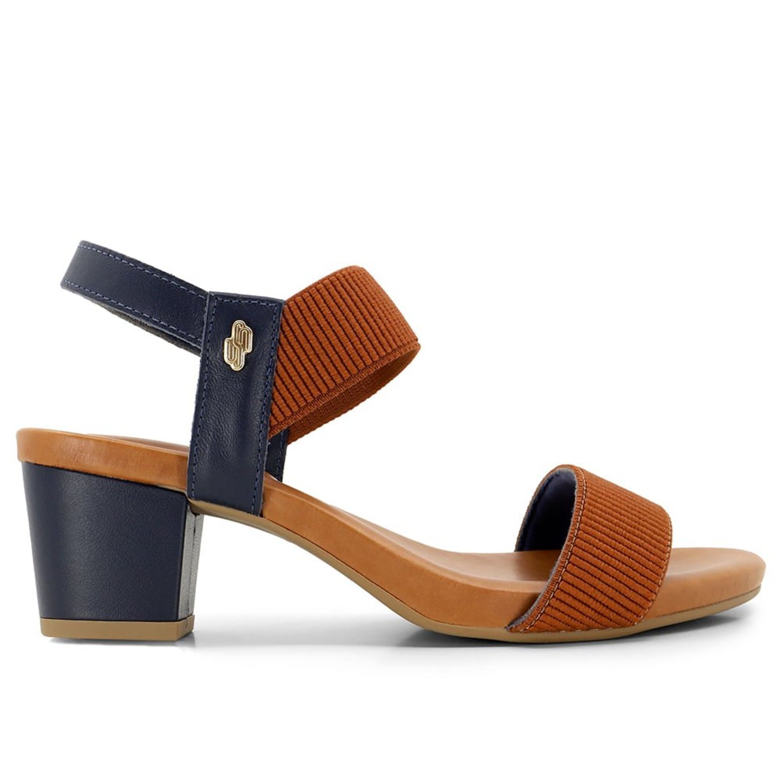 Sandália Salto Bloco Multimateriais Bicolor Azul Monograma