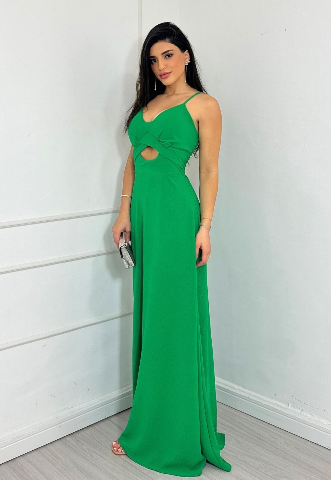 Vestido Longo Alcinha Abertura no Tórax Felicity Verde