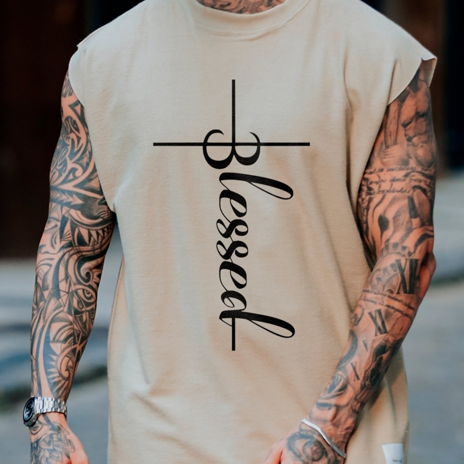 Camiseta Regata Machão Blessed Cruz Vertical Fé Cristã Off White