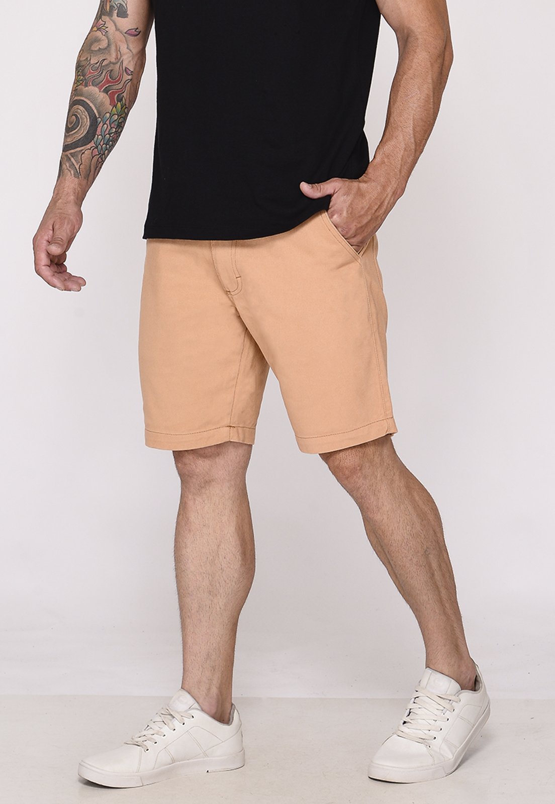 Bermuda Masculina Sarja Chino Casual Confortável Algodão Bolso-Faca Caqui