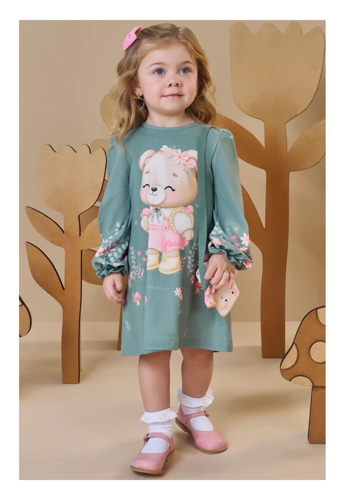 Infantil - Vestido Manga Longa Verde com Bolsa Infanti 1 Unico