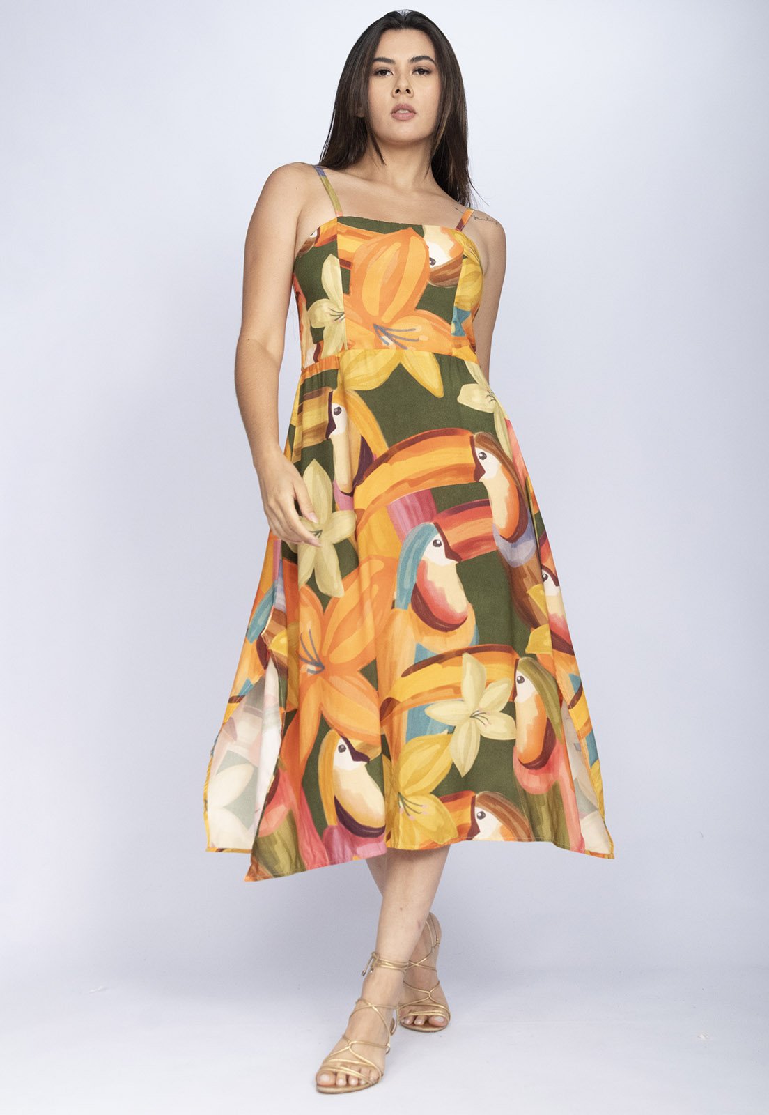 Vista 2 Vestido Amazonia Vital Midi Alça Fina Estampa Flowers & Tucanos Amazonia Vital estampado/verde