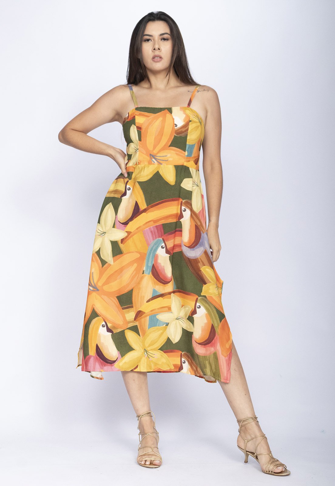 Vista 3 Vestido Amazonia Vital Midi Alça Fina Estampa Flowers & Tucanos Amazonia Vital estampado/verde