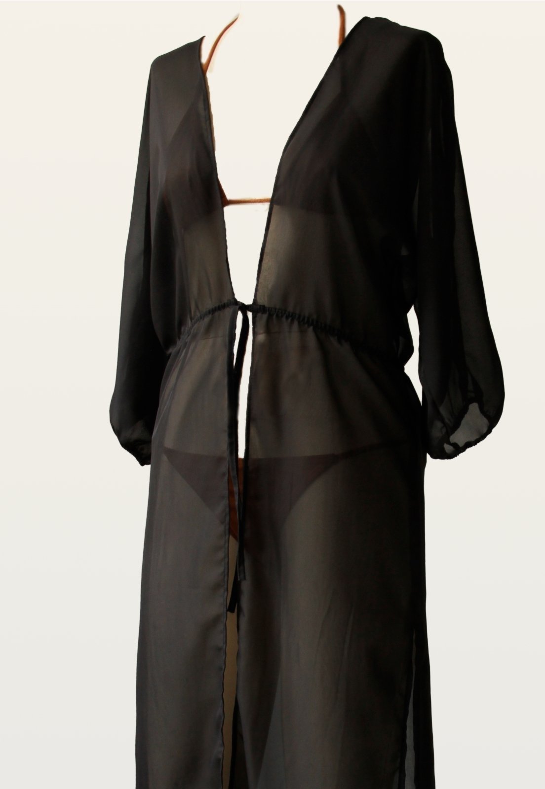 Vista 3 Saída Vestido Longa Acinturada Aberto Manga Bufante Semitransparente Chiffon Liso 101 Resort Wear preto 101 Resort Wear preto