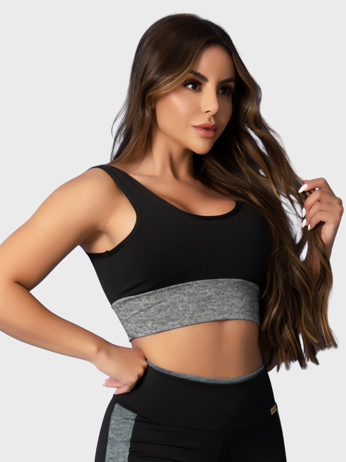 Top Fitness Tarelles Alça Larga Forrado Preto e Cinza