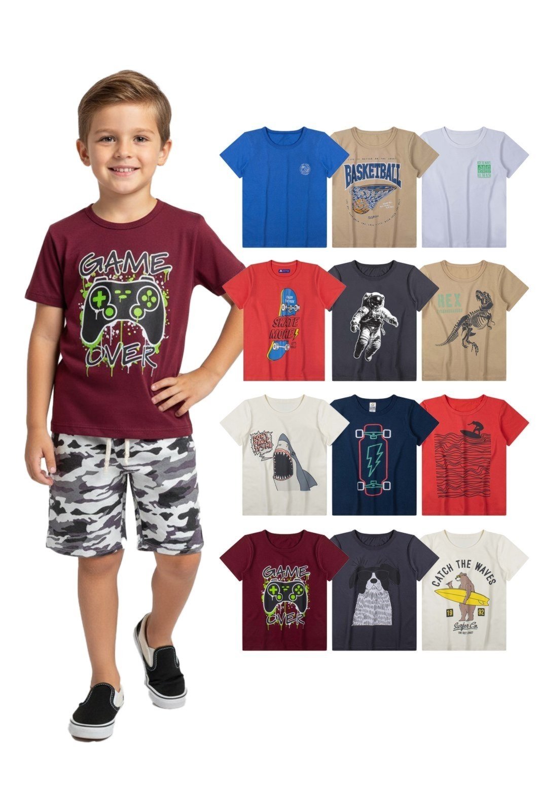 Vista 2 Infantil - Kit Sortido 5 Camisetas Estampadas Menino Babei no Look unico Babei no Look unico
