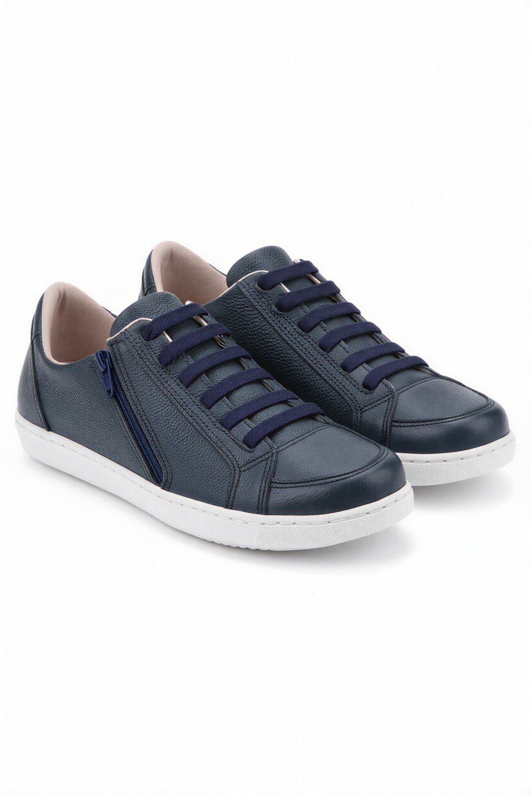 Tênis feminino em couro com elástico e zíper 0203 - Azul Marinho
