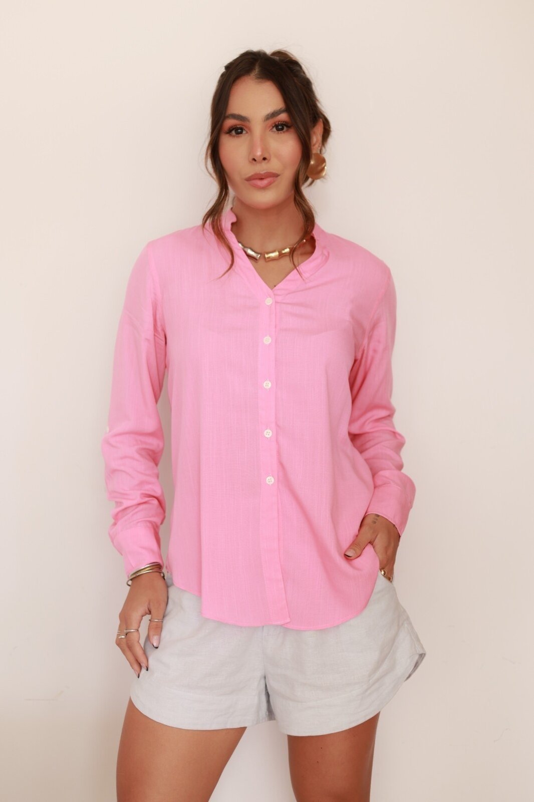 Camisa Feminina Ícone Fashion Gola v Rosa Primavera