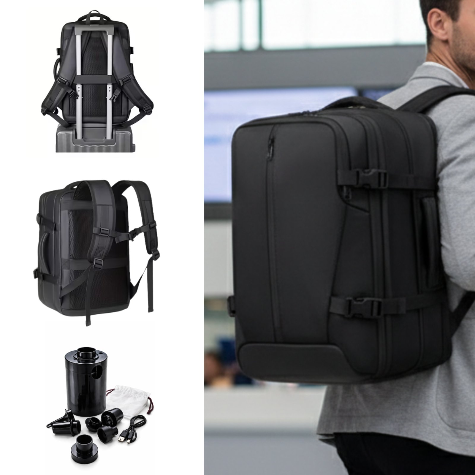 Mochila De Bordo Grande De Viagem Bombinha De Ar Expansivel Impermeavel - Preto