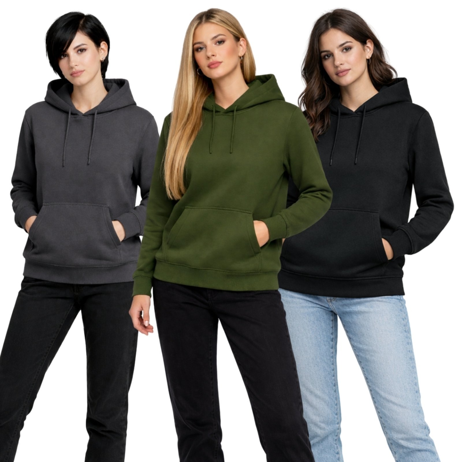 Kit 3 Blusa de Frio Moletom Liso Colorido Feminino Relaxado Com Capuz E Bolso Canguru Estampado Siri2