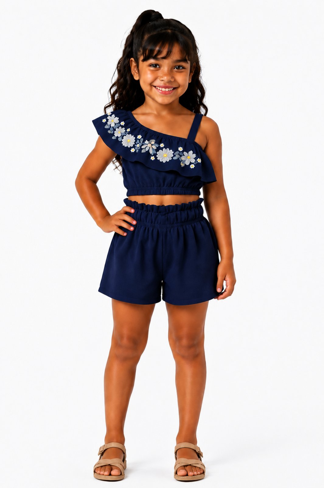 Infantil - Conjunto D Bell Outlet Fashion Cropped Com Flores E Short Marinho