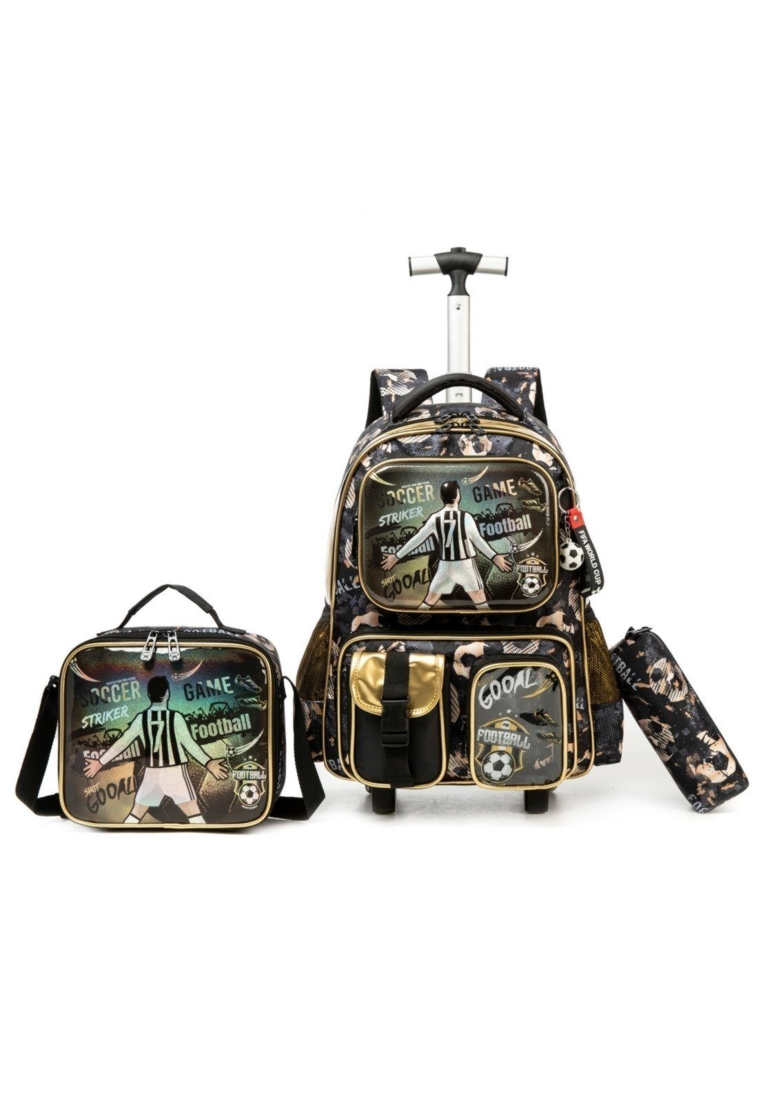 Infantil - Kit Mochila Carrinho Lequeen Escolar Reforçada Futebol