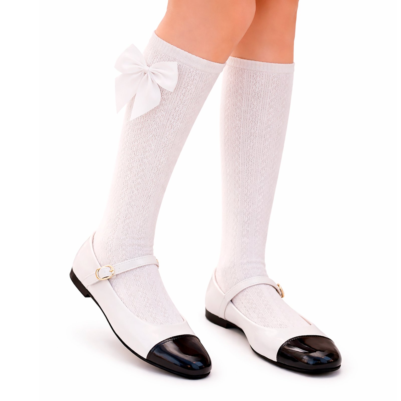 Infantil - Kit Sapatilha Branca Menina e Meia Cano Alto Laço Cetim Pepite