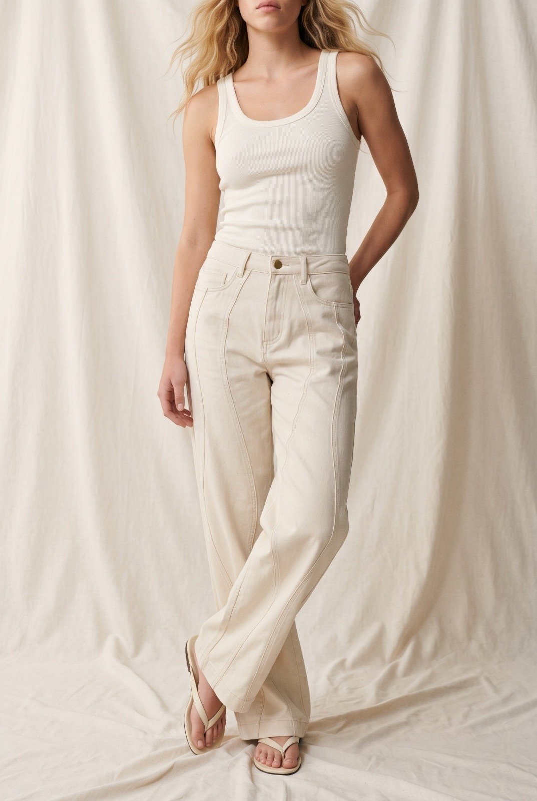 Calça Sarja Feminina Zamori Wide Leg Cintura Alta Off White Ampla