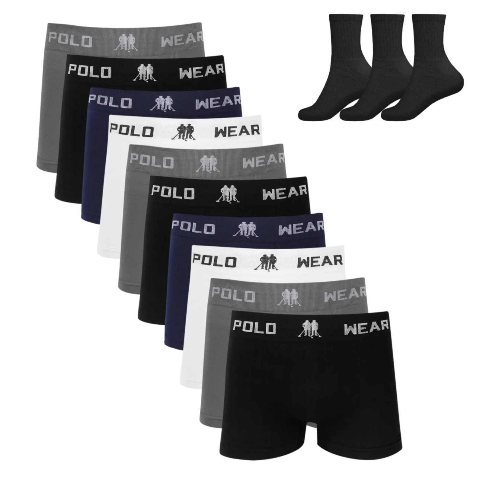 Kit 10 Cueca Boxer Polo Wear Microfibra Sortido 3 Meias M11 Colorido