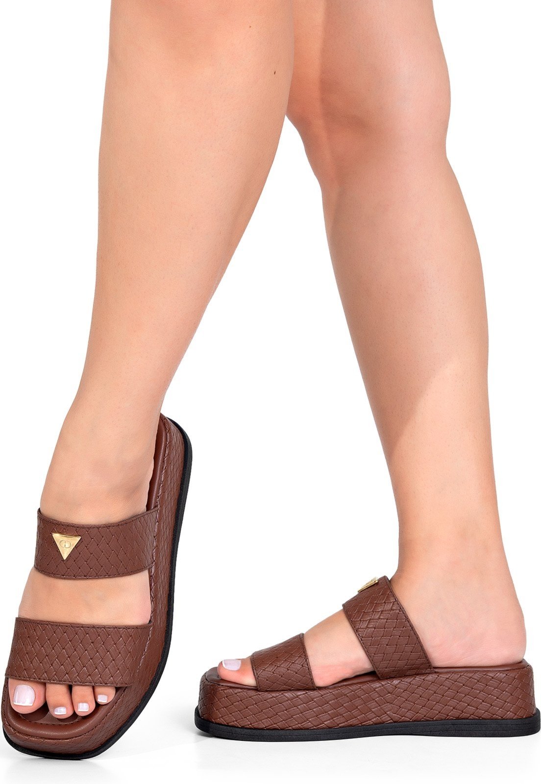 Vista 3 Sandália Feminina Lumiss Tamanco Flatform Juta Bico Quadrado Tressê Enfeite Metalizado marrom LUMISS marrom