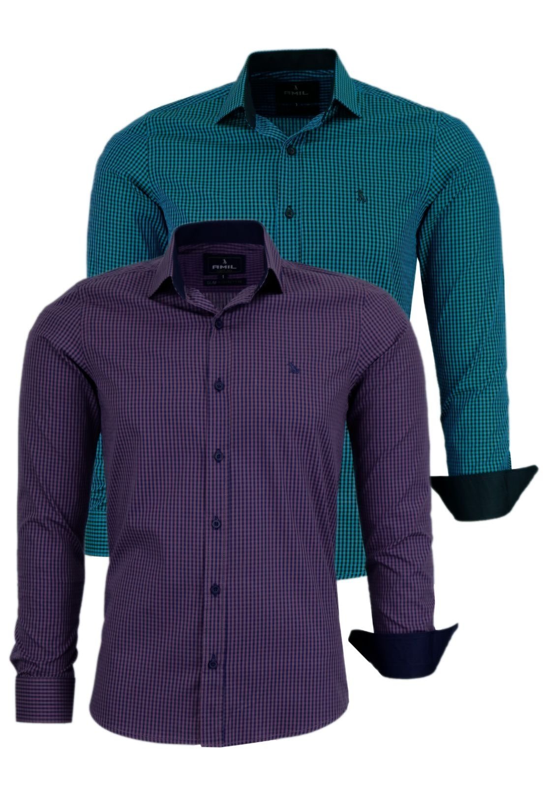 Kit 2 Camisas Manga Longa Algodão Slim 1749 Cor 02 e Cor 08