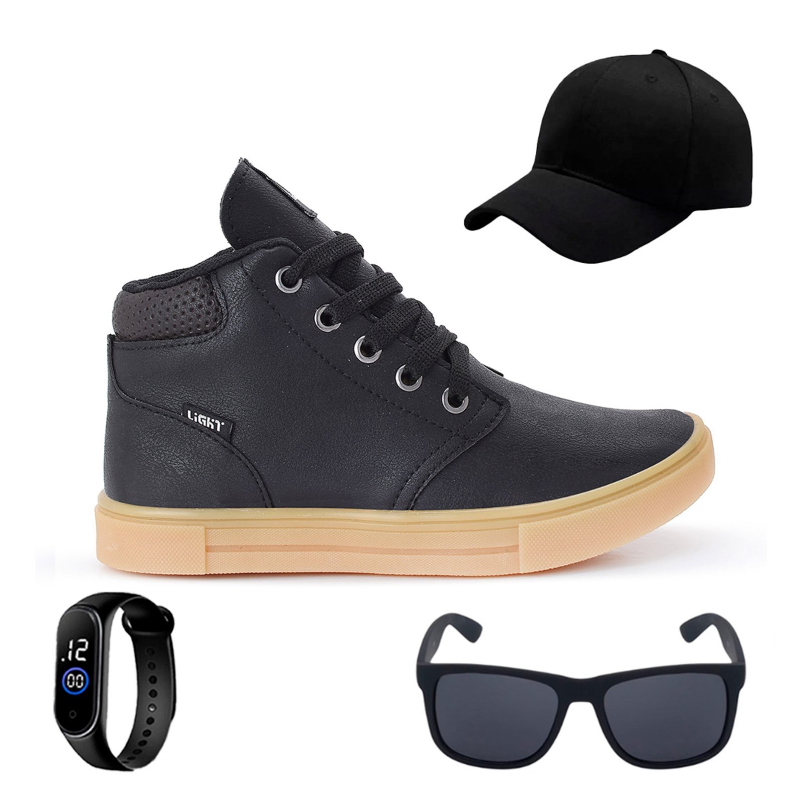 Infantil – Tenis Botinha Meninos Casual Cano Alto Confortavel + Bone Oculos Relogio Preto